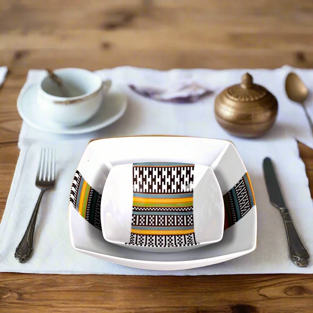 Gifts - Handcrafted Customizable Porcelain Bowl - Ethnic Kanta Pattern from Niger in Gift Box - KEMI HOME ART