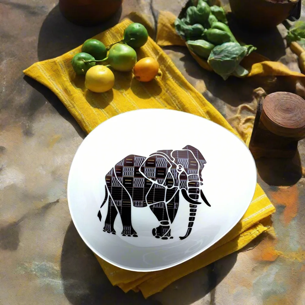 Gifts - Handcrafted Oval Porcelain Bowl - Customizable Elephant & Senufo Black Motif - Unique French Table Art Piece - KEMI HOME ART