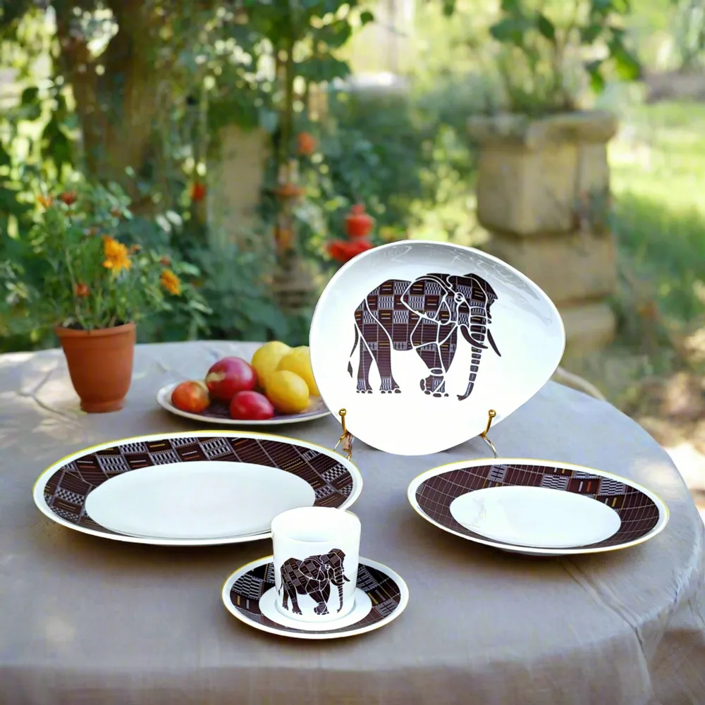 Gifts - Handcrafted Oval Porcelain Bowl - Customizable Elephant & Senufo Black Motif - Unique French Table Art Piece - KEMI HOME ART