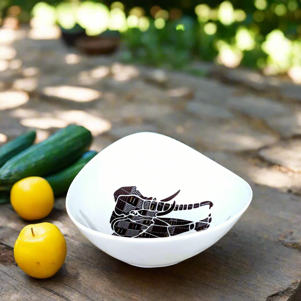 Gifts - Handcrafted Oval Porcelain Bowl - Customizable Elephant & Senufo Black Motif - Unique French Table Art Piece - KEMI HOME ART
