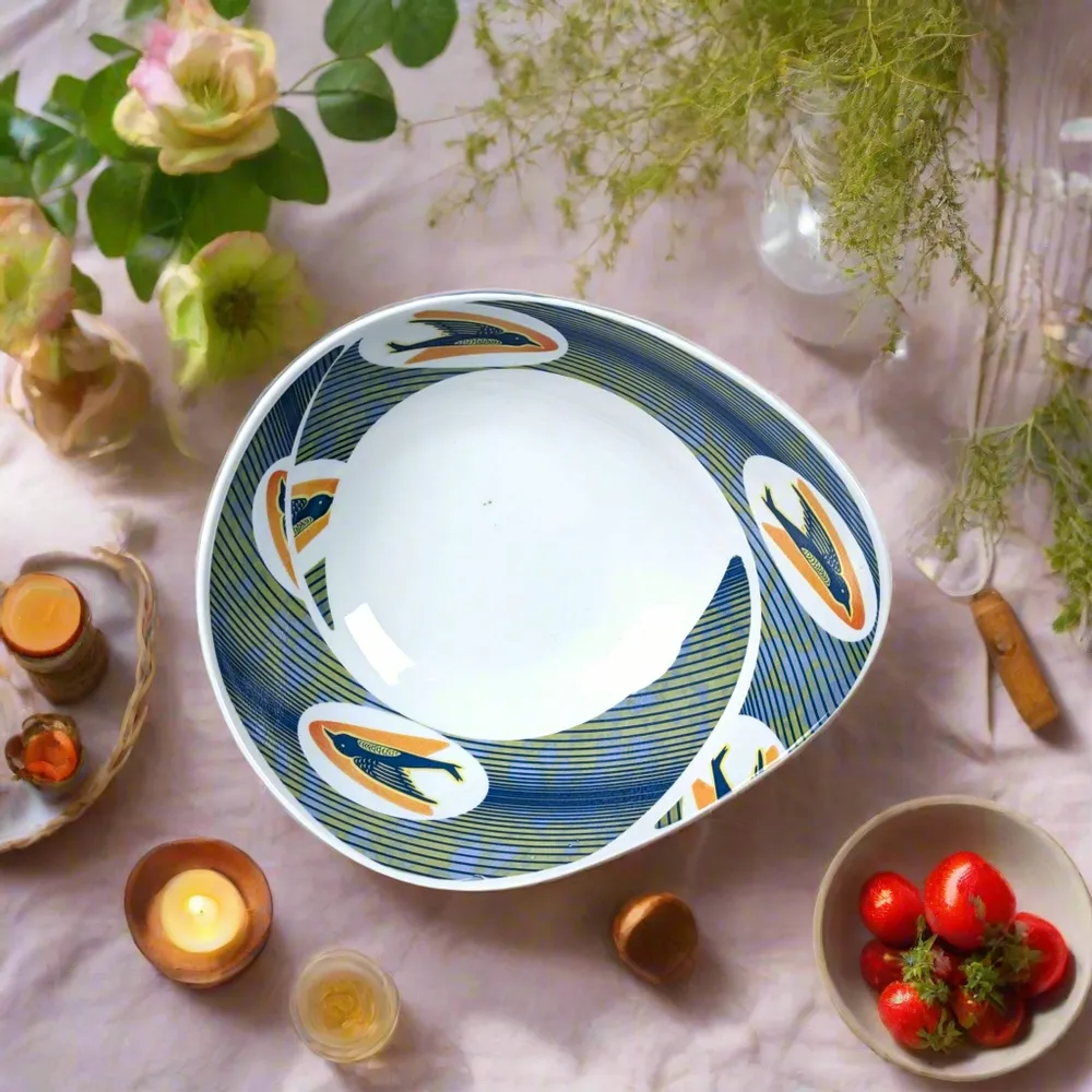 Gifts - Oval French Porcelain Bowl - Customizable Swallow WAX Pattern - Artisan Elegance & Symbols of Hope - KEMI HOME ART