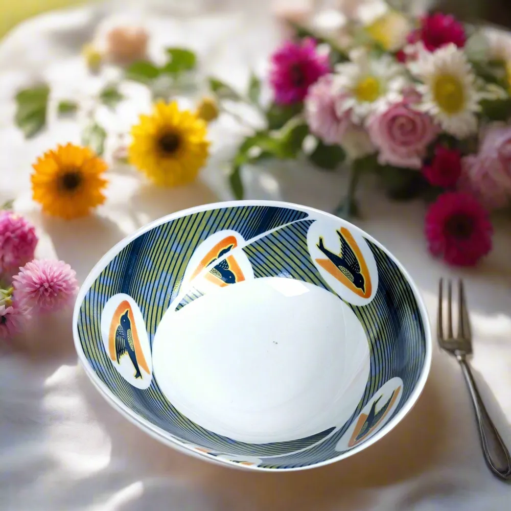 Gifts - Oval French Porcelain Bowl - Customizable Swallow WAX Pattern - Artisan Elegance & Symbols of Hope - KEMI HOME ART