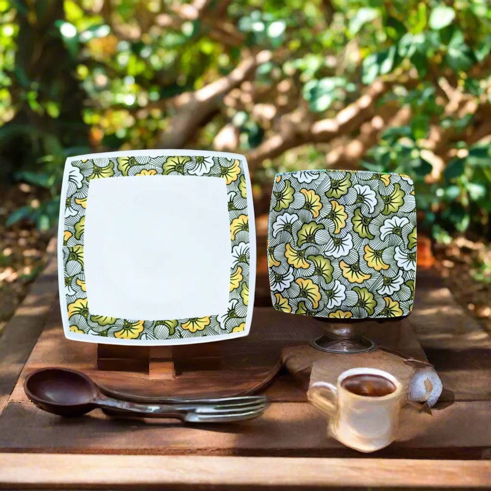 Gifts - WAX Wonder: Customizable French Porcelain Plate Set with Unique Green Floral Motif for Weddings & Celebrations - KEMI HOME ART