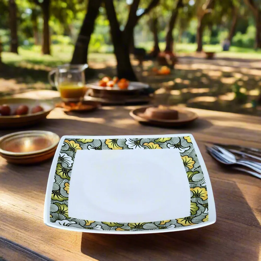 Gifts - WAX Wonder: Customizable French Porcelain Plate Set with Unique Green Floral Motif for Weddings & Celebrations - KEMI HOME ART