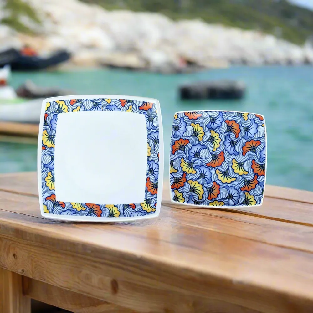 Gifts - Blue WAX Elegance: Customizable French Porcelain Plate Set - Unique Floral Motifs for Weddings & Celebrations - KEMI HOME ART