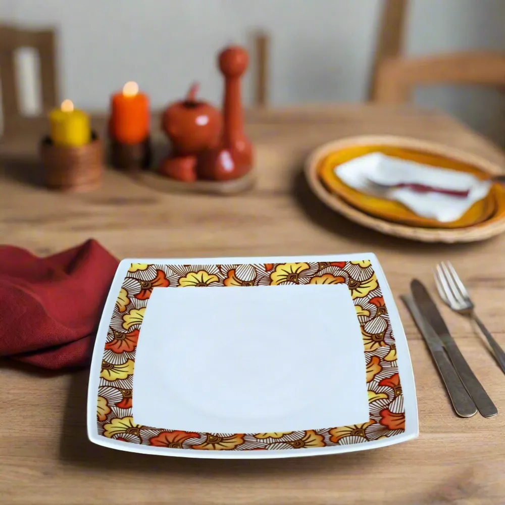 Gifts - Limited Edition: Customizable Porcelain Plate Set - WAX 'Wedding Flowers' Ochre Motif, Unique French Craftsmanship - KEMI HOME ART