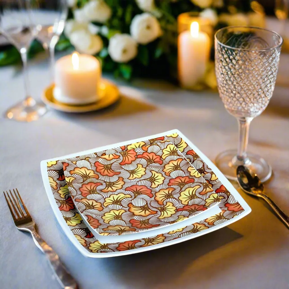 Gifts - Limited Edition: Customizable Porcelain Plate Set - WAX 'Wedding Flowers' Ochre Motif, Unique French Craftsmanship - KEMI HOME ART