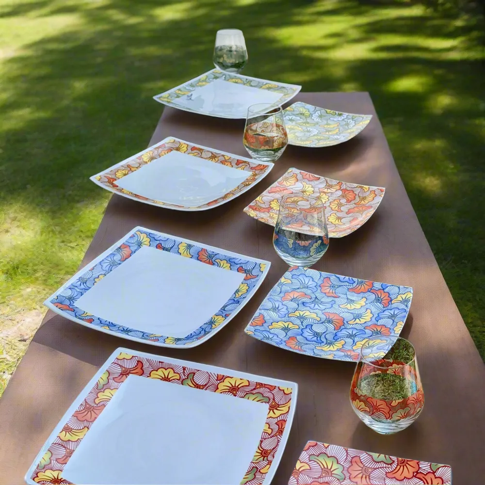 Gifts - Limited Edition: Customizable Porcelain Plate Set - WAX 'Wedding Flowers' Ochre Motif, Unique French Craftsmanship - KEMI HOME ART