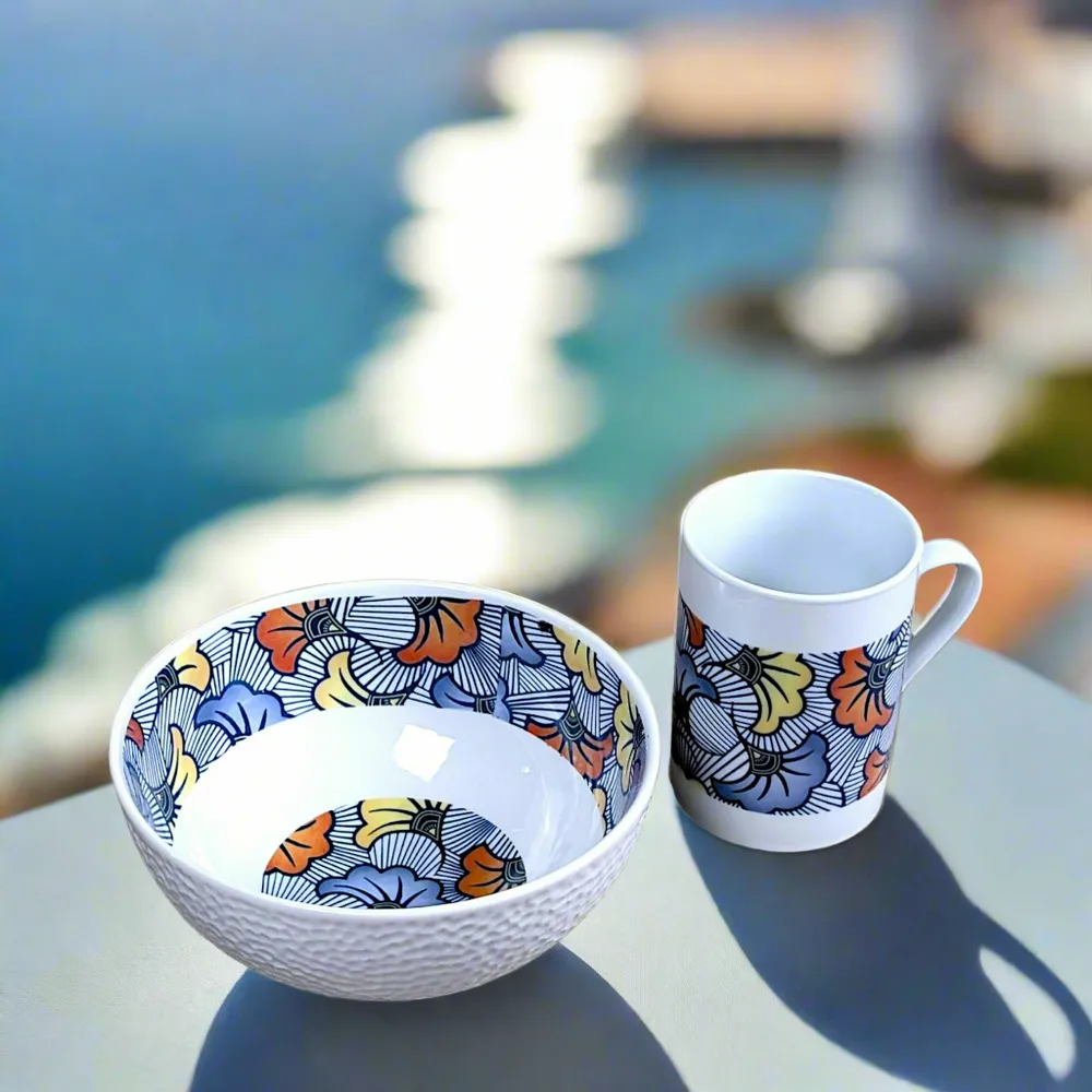 Gifts - Autumn Awakening: Customizable Fine Porcelain Breakfast Set - Unique 'Wedding Flowers' WAX Blue Pattern - KEMI HOME ART