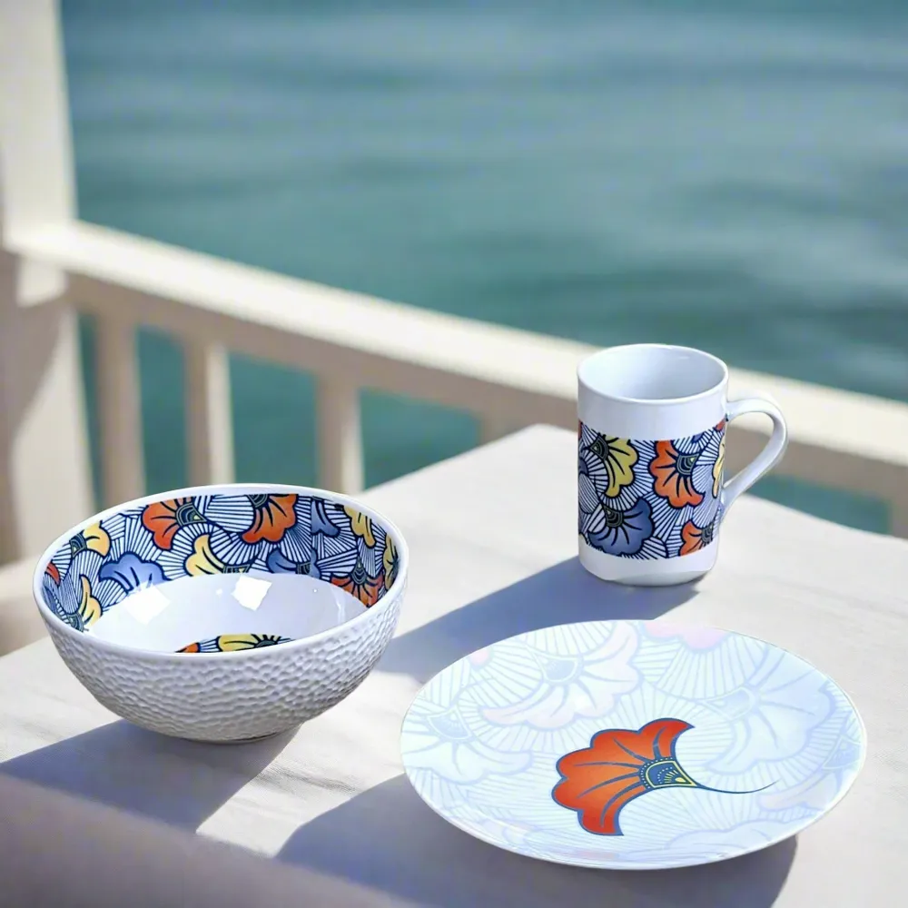 Gifts - Autumn Awakening: Customizable Fine Porcelain Breakfast Set - Unique 'Wedding Flowers' WAX Blue Pattern - KEMI HOME ART