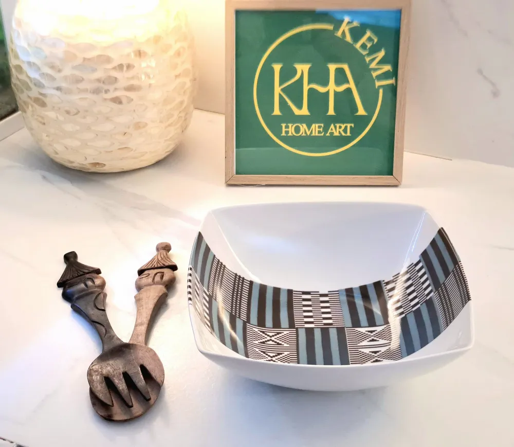 Gifts - Handcrafted Customizable Porcelain Bowl - Kanta Blue Niger Pattern, Unique Ethnic Elegance - KEMI HOME ART