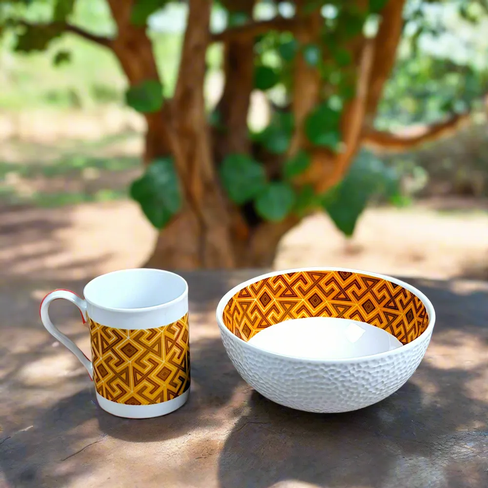 Gifts - Cultural Awakening: Customizable French Porcelain Breakfast Set, Ntshak Kuba Motif - Unique and Elegant Craftsmanship - KEMI HOME ART