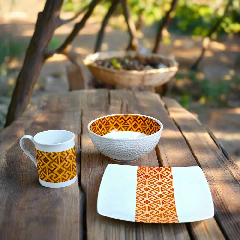 Gifts - Cultural Awakening: Customizable French Porcelain Breakfast Set, Ntshak Kuba Motif - Unique and Elegant Craftsmanship - KEMI HOME ART