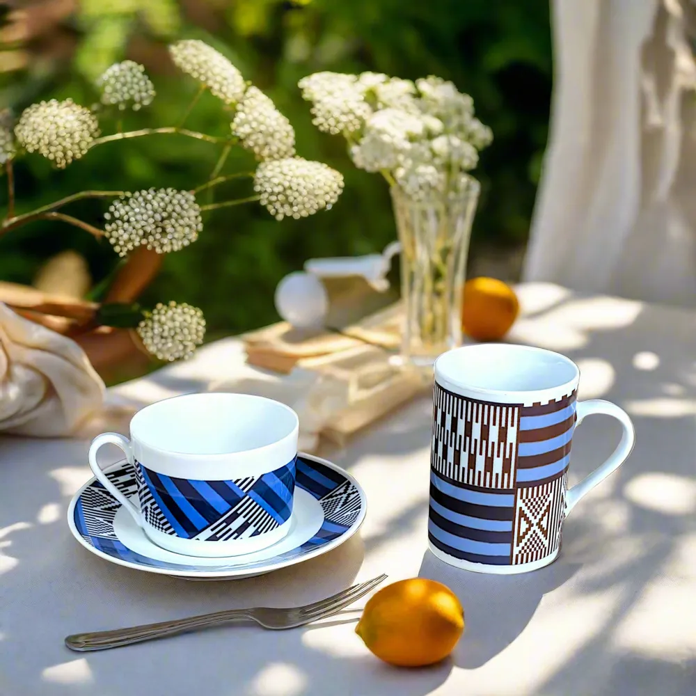 Gifts - Morning Awakening: Customizable Fine Porcelain Breakfast Set - Kanta Niger Motif, Unique French Craftsmanship - KEMI HOME ART