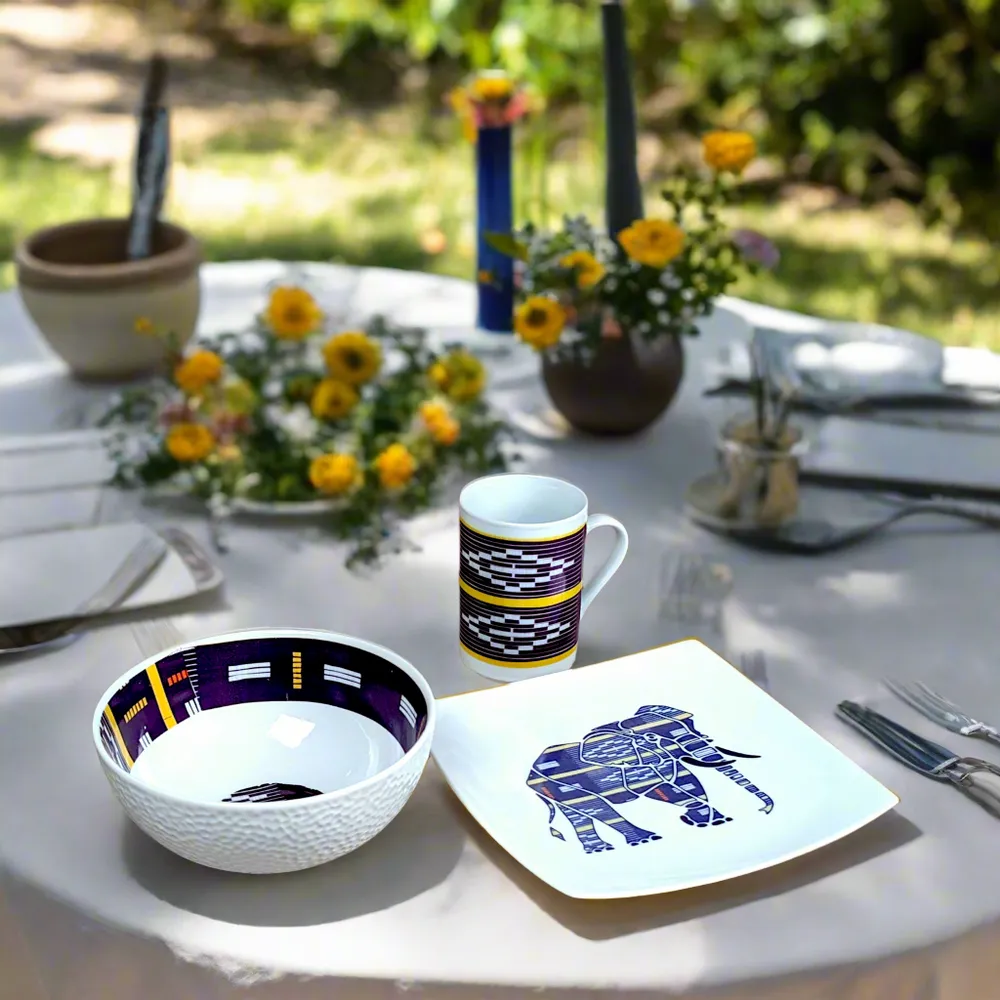 Gifts - Baoulé Awakening: Customizable French Porcelain Breakfast Set – Bowl, Plate & Mug with Sacred Elephant Motifs - KEMI HOME ART