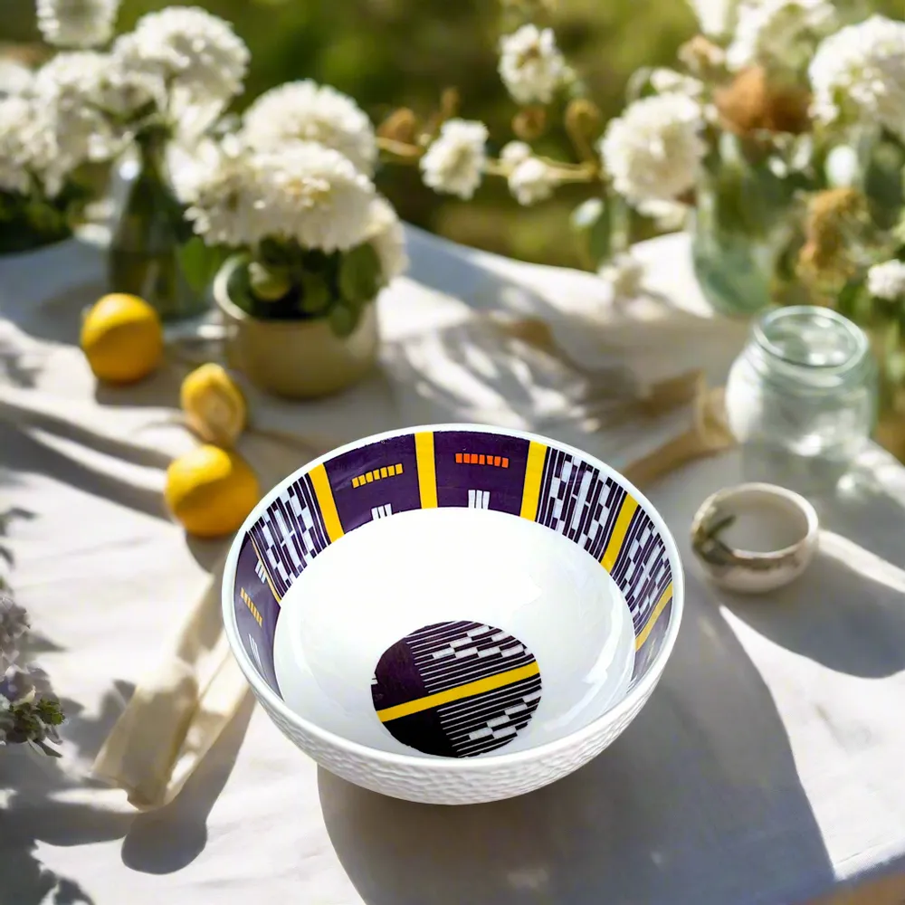 Gifts - Baoulé Awakening: Customizable French Porcelain Breakfast Set – Bowl, Plate & Mug with Sacred Elephant Motifs - KEMI HOME ART