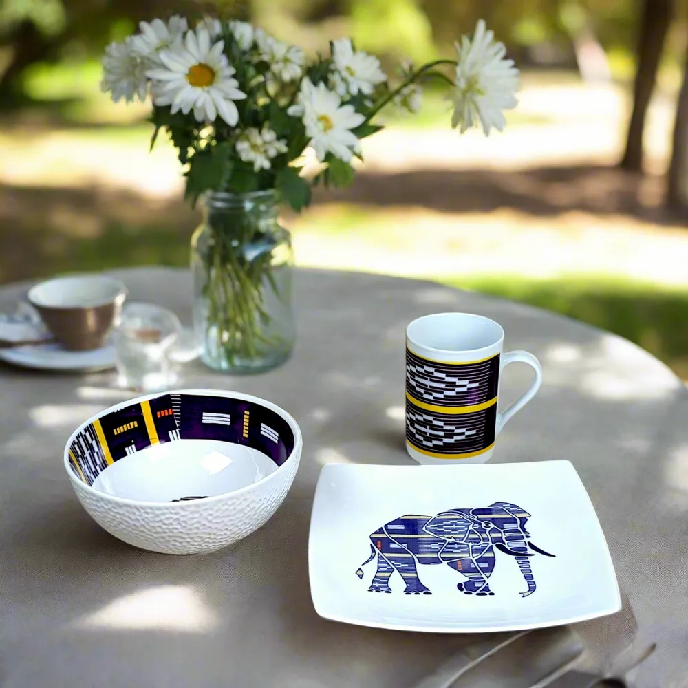 Gifts - Baoulé Awakening: Customizable French Porcelain Breakfast Set – Bowl, Plate & Mug with Sacred Elephant Motifs - KEMI HOME ART