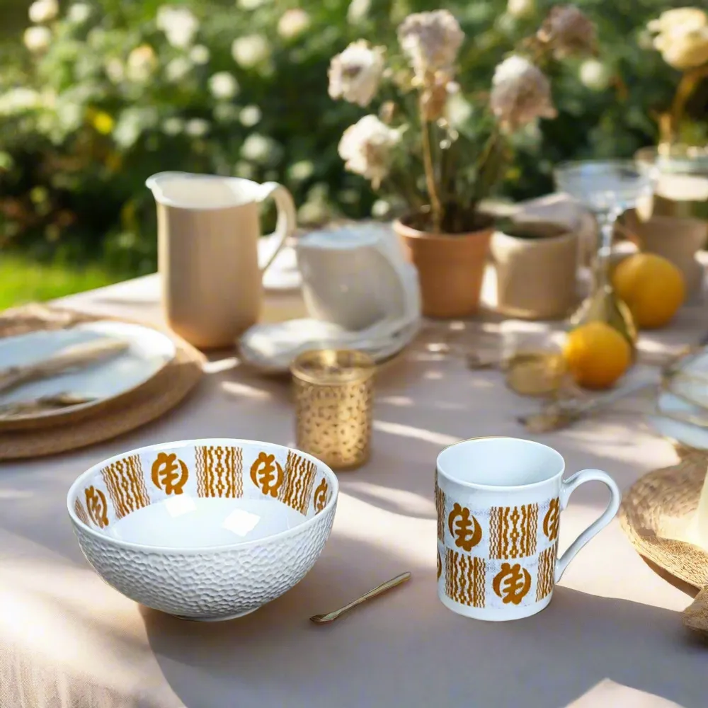 Cadeaux - Éveil Matinal en Porcelaine : Coffret Petit Déjeuner Personnalisable aux Motifs Adinkra, Artisanat Français Unique - KEMI HOME ART