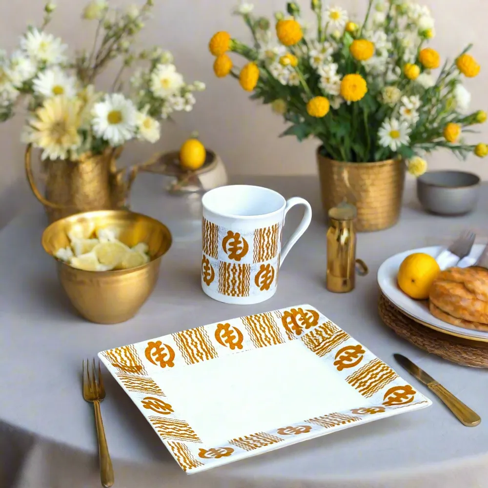 Cadeaux - Éveil Matinal en Porcelaine : Coffret Petit Déjeuner Personnalisable aux Motifs Adinkra, Artisanat Français Unique - KEMI HOME ART