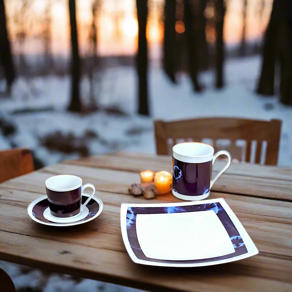 Gifts - Indigo Awakening: Customizable French Porcelain Breakfast Set – Plate, Cup & Mug in Limited Edition - KEMI HOME ART