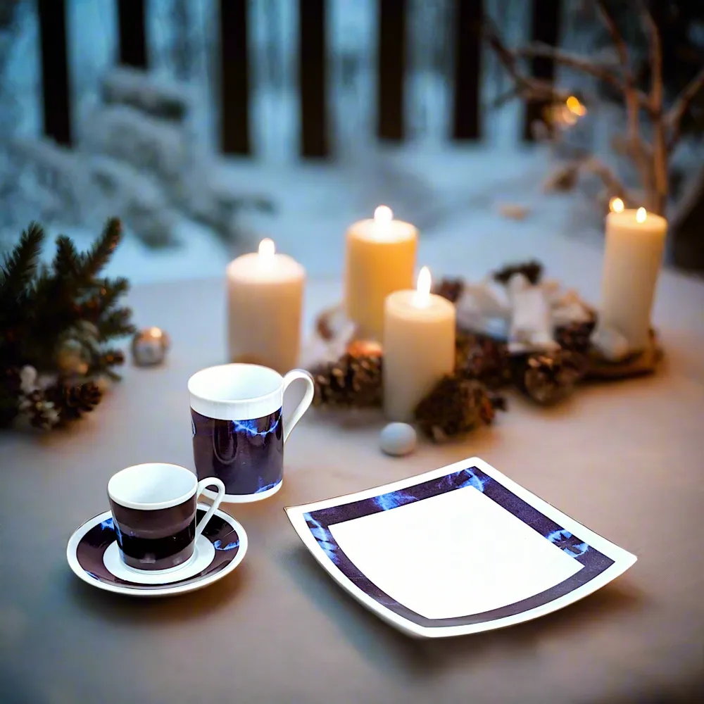 Gifts - Indigo Awakening: Customizable French Porcelain Breakfast Set – Plate, Cup & Mug in Limited Edition - KEMI HOME ART