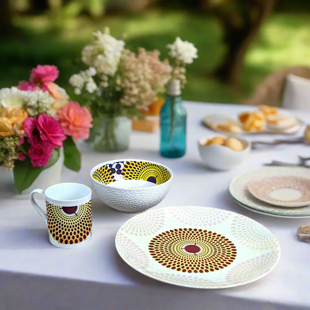 Gifts - Customizable Breakfast Set in Fine Porcelain - Unique Gamma Phone WAX Pattern - Plate, Bowl & Mug Handcrafted - KEMI HOME ART