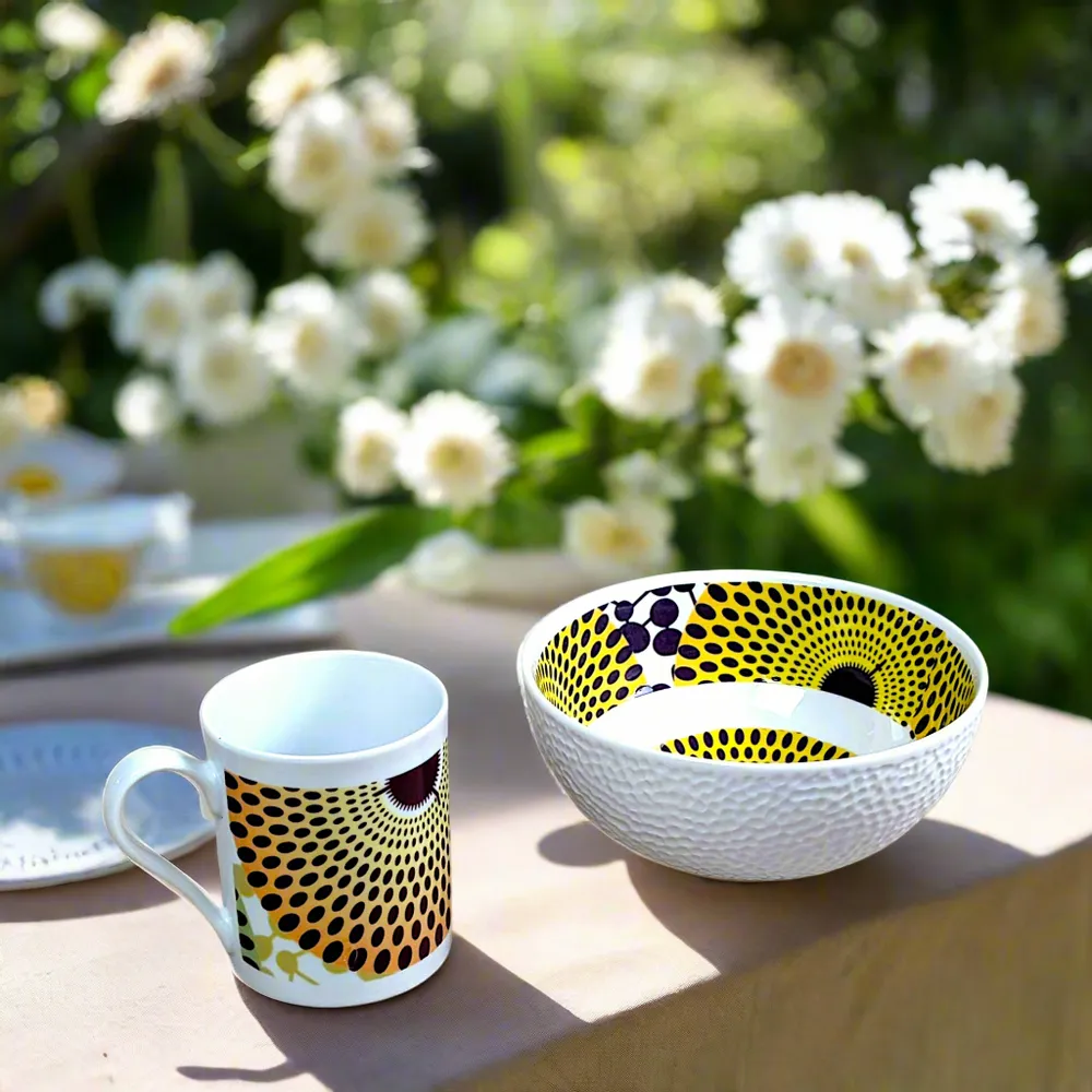 Gifts - Customizable Breakfast Set in Fine Porcelain - Unique Gamma Phone WAX Pattern - Plate, Bowl & Mug Handcrafted - KEMI HOME ART