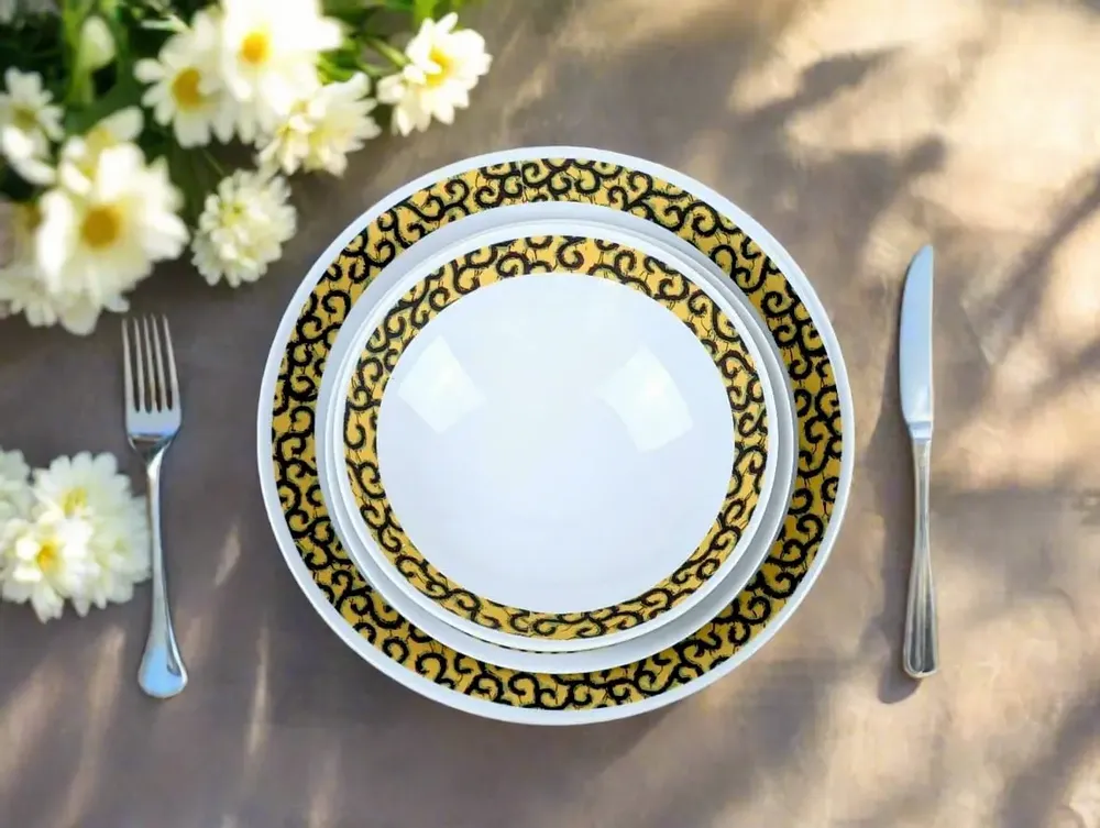 Gifts - Limited Edition: Customizable Set of 6 Fine Porcelain Plates - Yellow Macaroni WAX Pattern, Unique French Craftsmanship - KEMI HOME ART