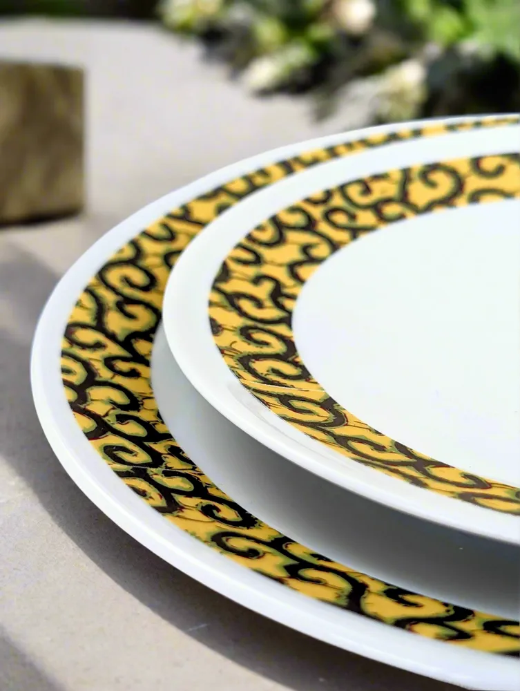 Gifts - Limited Edition: Customizable Set of 6 Fine Porcelain Plates - Yellow Macaroni WAX Pattern, Unique French Craftsmanship - KEMI HOME ART