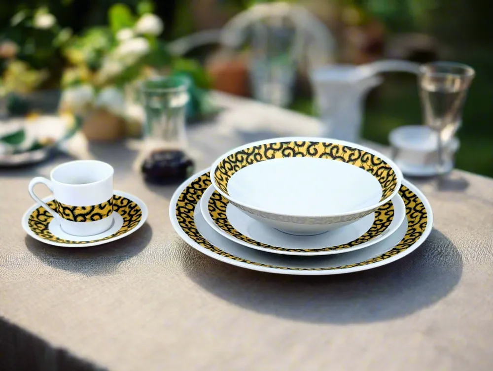 Gifts - Limited Edition: Customizable Set of 6 Fine Porcelain Plates - Yellow Macaroni WAX Pattern, Unique French Craftsmanship - KEMI HOME ART