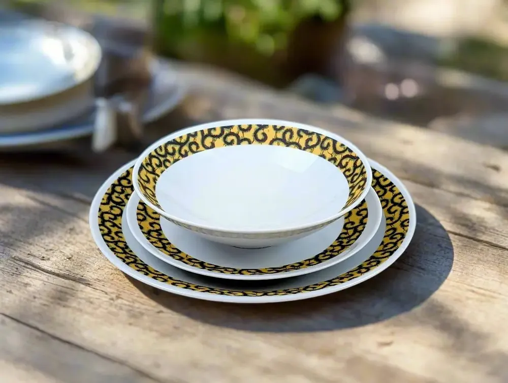 Gifts - Limited Edition: Customizable Set of 6 Fine Porcelain Plates - Yellow Macaroni WAX Pattern, Unique French Craftsmanship - KEMI HOME ART