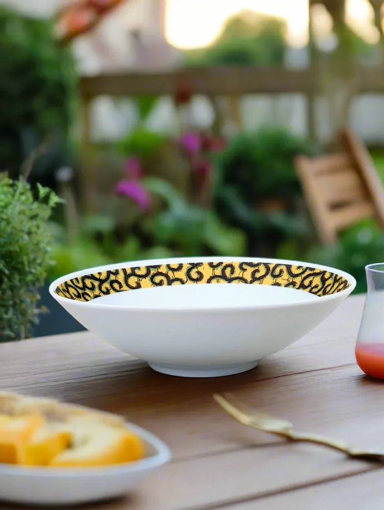 Gifts - Limited Edition: Customizable Set of 6 Fine Porcelain Plates - Yellow Macaroni WAX Pattern, Unique French Craftsmanship - KEMI HOME ART