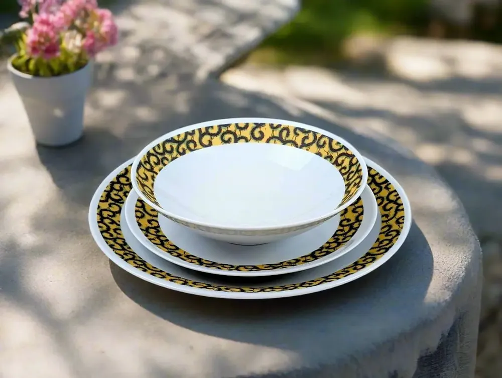 Gifts - Limited Edition: Customizable Set of 6 Fine Porcelain Plates - Yellow Macaroni WAX Pattern, Unique French Craftsmanship - KEMI HOME ART