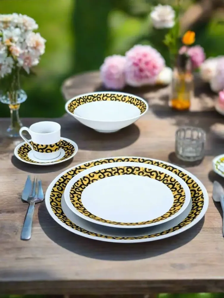 Gifts - Limited Edition: Customizable Set of 6 Fine Porcelain Plates - Yellow Macaroni WAX Pattern, Unique French Craftsmanship - KEMI HOME ART