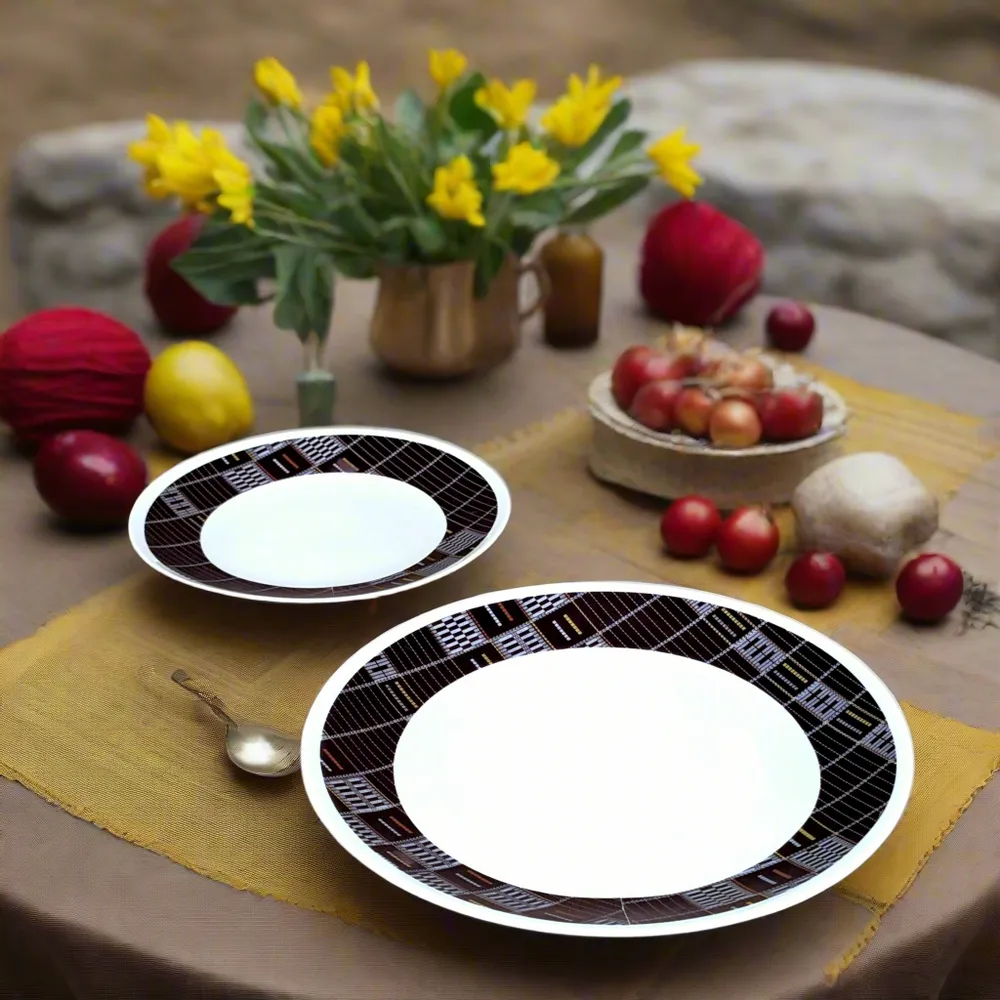 Gifts - Limited Edition: Customizable French Porcelain Plate Set - Black Senoufo Motif, Handcrafted Excellence & Ethnic Elegance - KEMI HOME ART