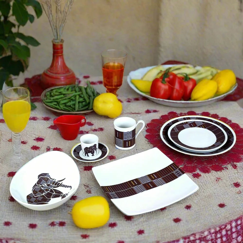 Gifts - Limited Edition: Customizable French Porcelain Plate Set - Black Senoufo Motif, Handcrafted Excellence & Ethnic Elegance - KEMI HOME ART