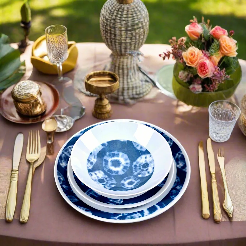 Gifts - Indigo Splendor: Set of 6 Customizable French Porcelain Plates – Unique Ethnic Pattern - KEMI HOME ART