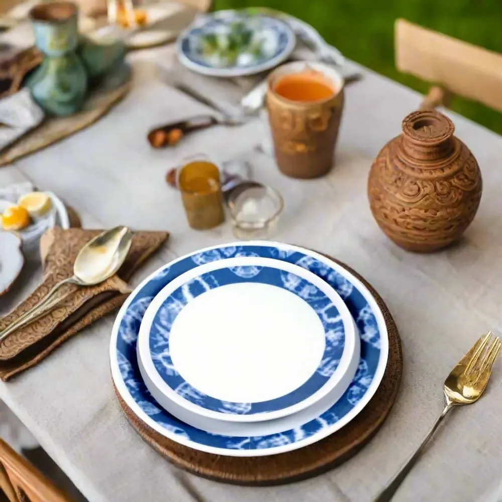 Gifts - Indigo Splendor: Set of 6 Customizable French Porcelain Plates – Unique Ethnic Pattern - KEMI HOME ART