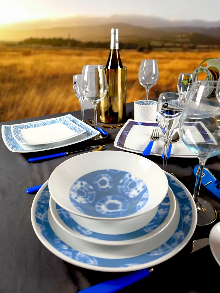 Gifts - Indigo Splendor: Set of 6 Customizable French Porcelain Plates – Unique Ethnic Pattern - KEMI HOME ART