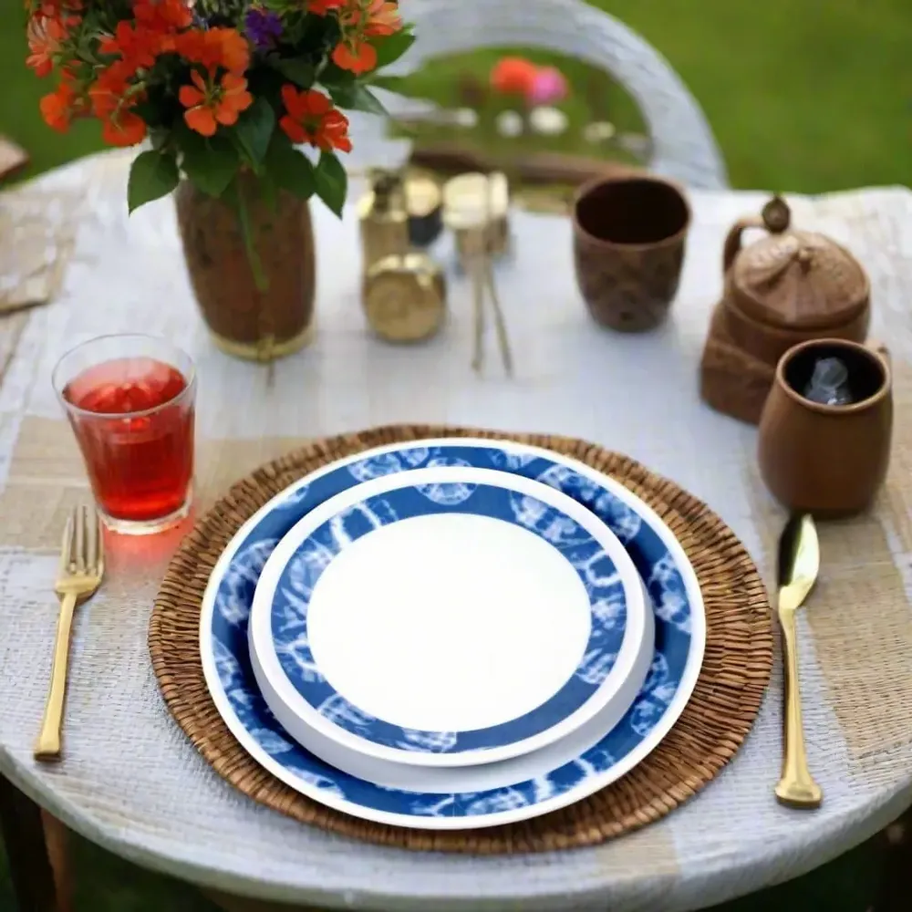 Gifts - Indigo Splendor: Set of 6 Customizable French Porcelain Plates – Unique Ethnic Pattern - KEMI HOME ART