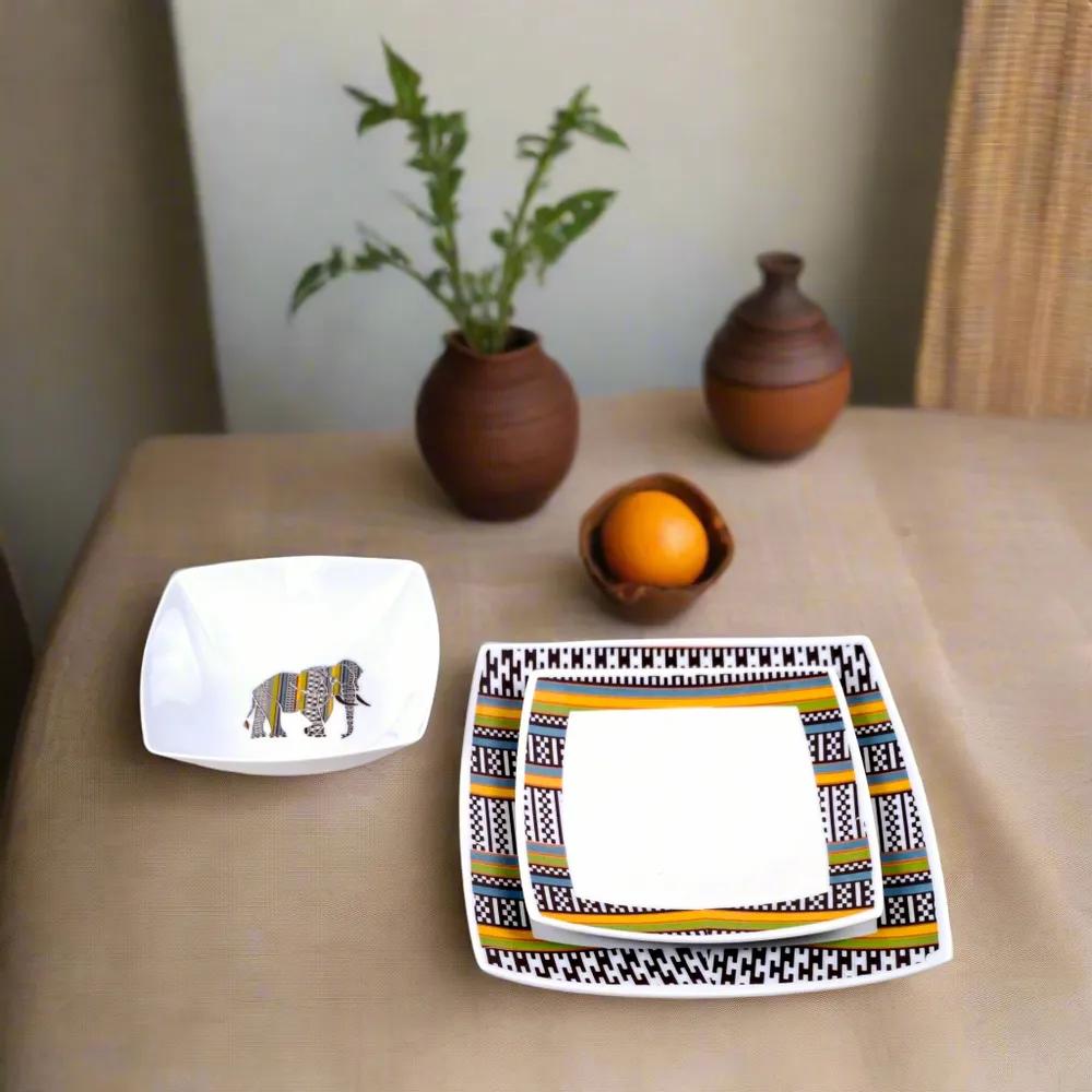 Gifts - Limited Edition: Set of 6 Customizable French Porcelain Plates - Niger's Kounta Ethnic Pattern & Elegant Elephant - KEMI HOME ART