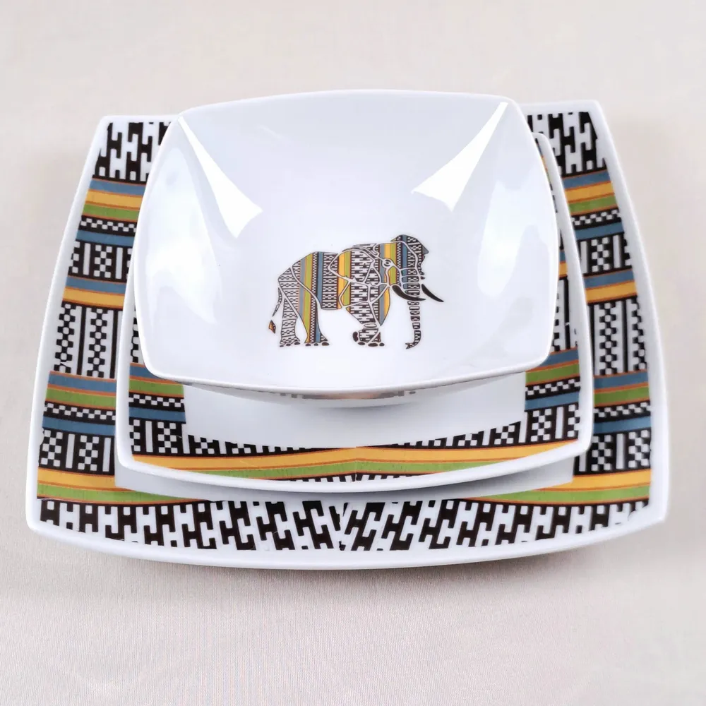 Gifts - Limited Edition: Set of 6 Customizable French Porcelain Plates - Niger's Kounta Ethnic Pattern & Elegant Elephant - KEMI HOME ART