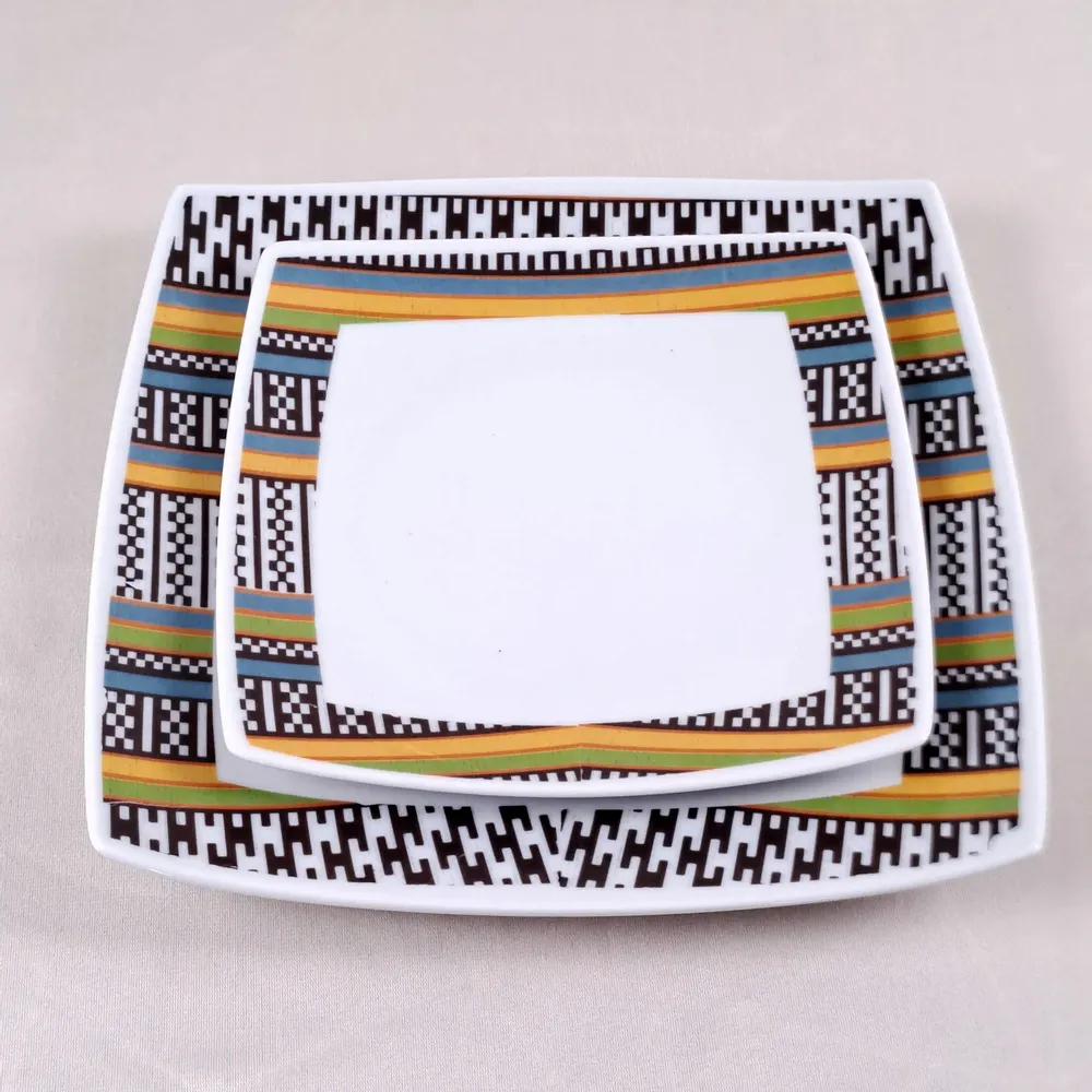 Gifts - Limited Edition: Set of 6 Customizable French Porcelain Plates - Niger's Kounta Ethnic Pattern & Elegant Elephant - KEMI HOME ART