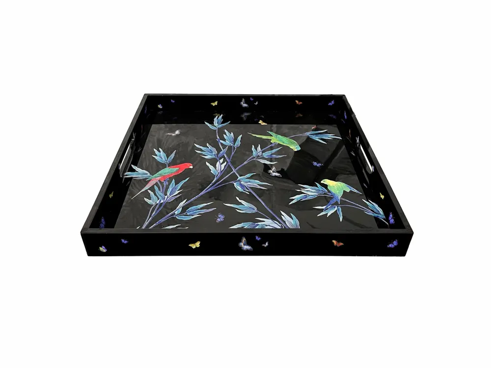 Plateaux - Plateau  carré en laque noire  " Jardin des merveilles" - PARADISIO IMAGINARIUM