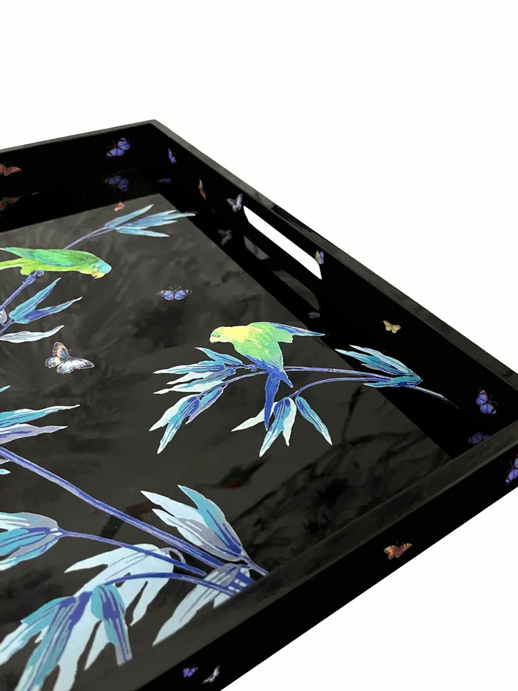 Plateaux - Plateau  carré en laque noire  " Jardin des merveilles" - PARADISIO IMAGINARIUM