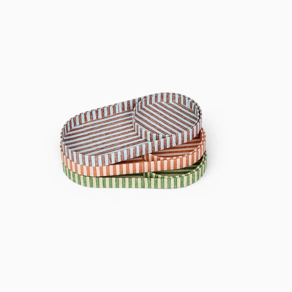 Trays - BLOCK PRINTED ROUND DESK TRAY SET - CLASSIC STRIPE BLUE/BROWN - CRAFT BOAT