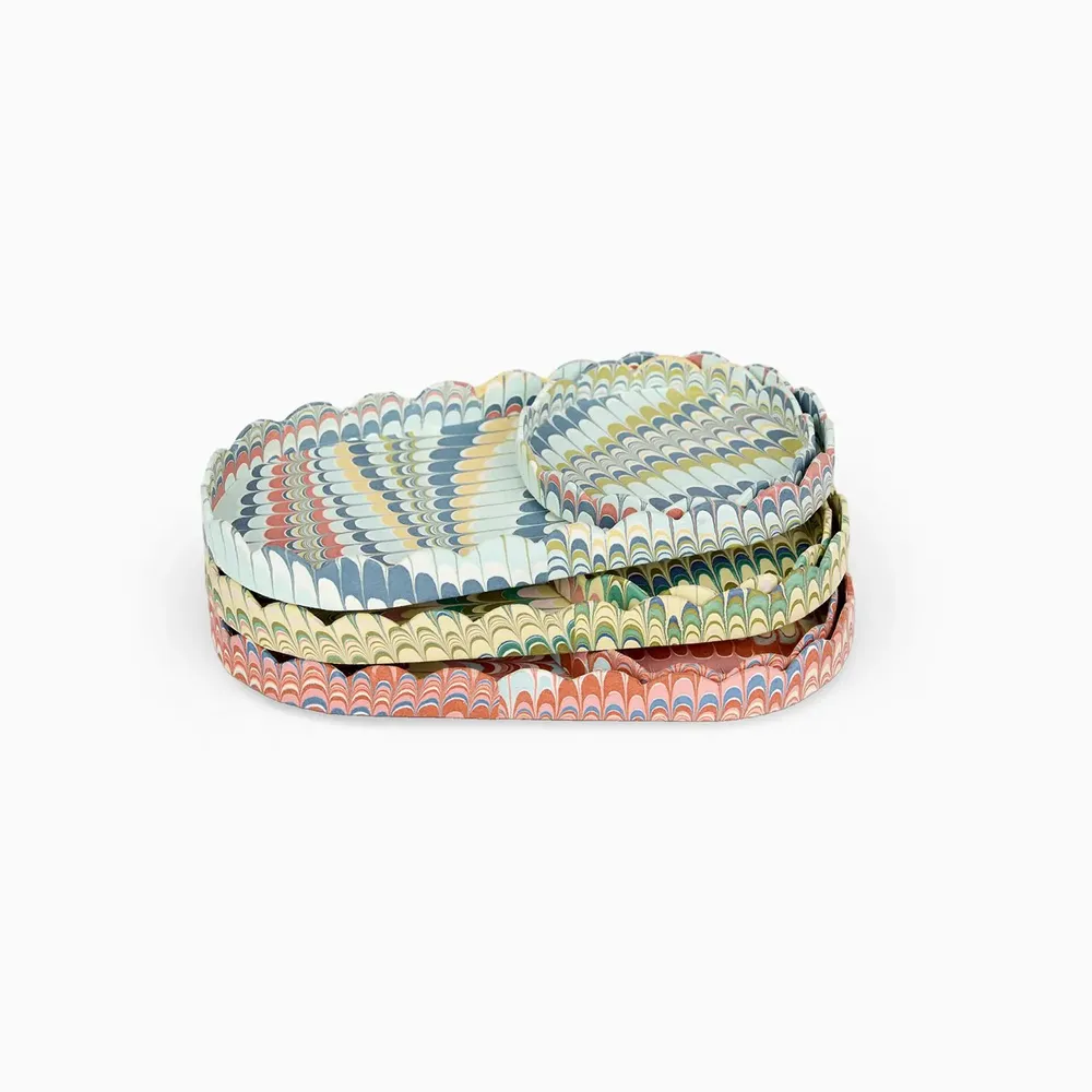 Trays - MARBLED ROUND SCALLOPED TRAY SET - OCEAN MOUNTAIN - CRAFT BOAT
