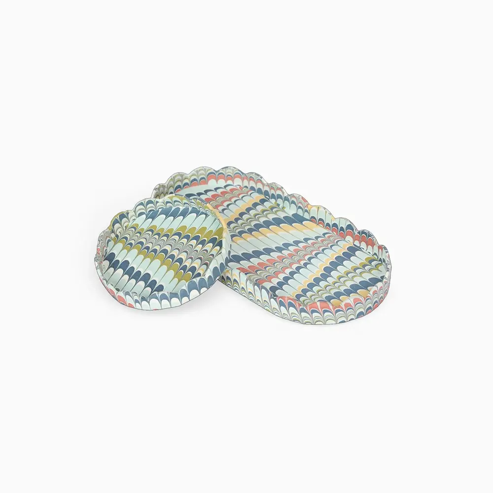 Trays - MARBLED ROUND SCALLOPED TRAY SET - OCEAN MOUNTAIN - CRAFT BOAT