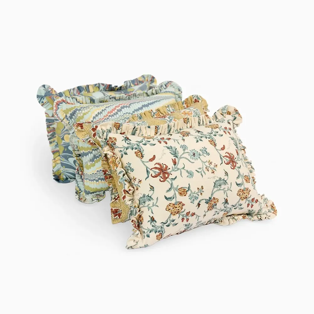 Fabric cushions - BLOCK-PRINTED RUFFLED CUSHION COVER - MUSTURD VANA - CRAFT BOAT