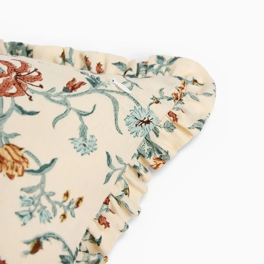 Fabric cushions - BLOCK-PRINTED RUFFLED CUSHION COVER - MUSTURD VANA - CRAFT BOAT